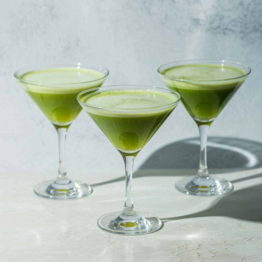 Three martini glasses filled with fluffy matcha latte on a light clean background